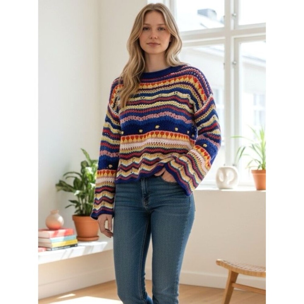 NWT Crochet Open Knit Colorful Striped Sweater Boho Beginning Boutique S/M